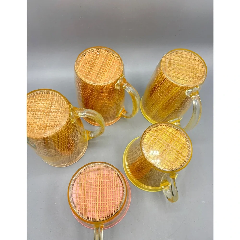 Vintage Raffia Weave Insulated Plastic Mugs Set of 5 Pastel Ice Bucket‎
